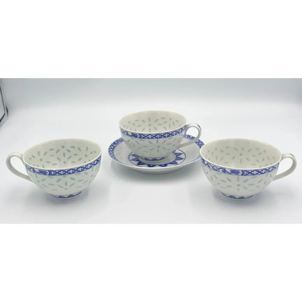 Jingdezhen Rice Eye Grain Cups & Saucer Blue & White Porcelain 4pc Set